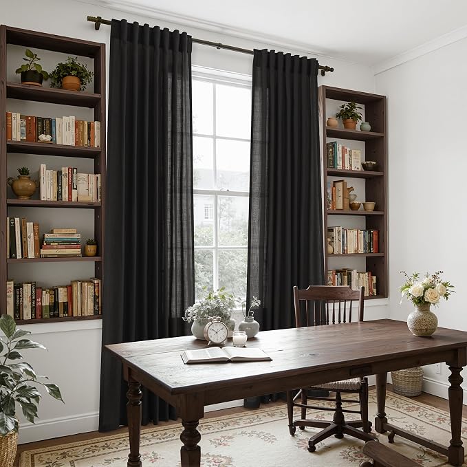 Vintage Black Linen Curtains 108 Inches Long for Living Room Light Filtering Semi Sheer Curtain Back Tab Floor to Ceiling High Window Gothic Vintage Decor Drapes for Bedroom Office 52x108,2 Panels