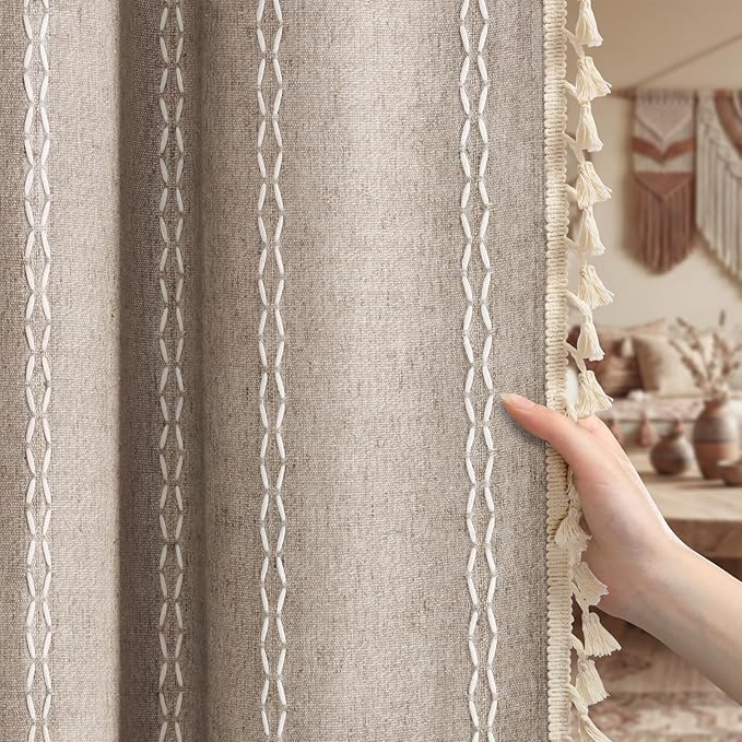 Khaki Brown Boho Blackout Curtains 2 Panels 63 Inch for Living Room Bedroom, Warm Taupe Linen Texture Farmhouse Curtains with Tassels and White Cotton Embroidery Vintage Rustic Country Western