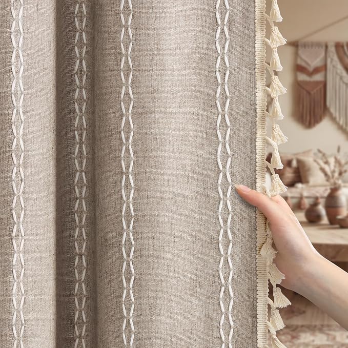 Khaki Brown Boho Blackout Curtains 2 Panels 84 Inch for Living Room Bedroom, Warm Taupe Linen Texture Farmhouse Curtains with Tassels and White Cotton Embroidery Vintage Rustic Country Western
