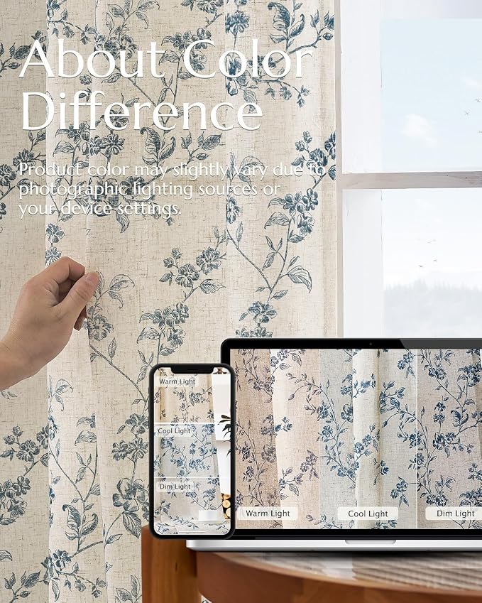 jinchan Blue Floral Linen Curtains 84 Inch French Country Back Tab 2 Panels | Flower patterned drapes, farmhouse, printed, light filtering, bedroom, living room, kitchen, window treatment, rod pocket
