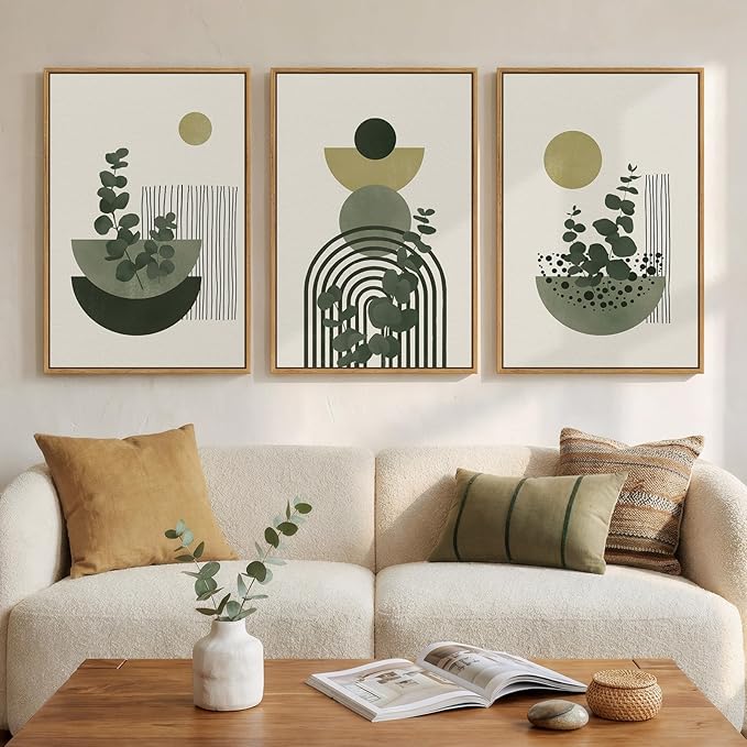 Framed Boho Botanical Wall Art for Living Room, 3 Piece Modern Green Bohemian Canvas Paintings Prints, Abstract Geometric Eucalyptus Leaf Pictures for Bedroom Dining Room Office Wall Decor, 16x24 Inch
