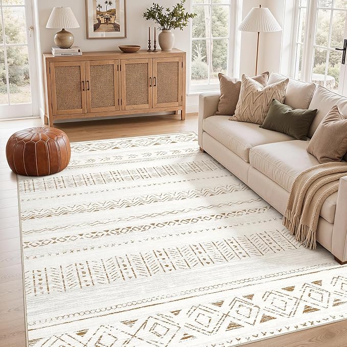 cotiled 6x9 Area Rugs Living Room Rug: Washable Boho Rugs with Non Slip Backing Large Soft Indoor Stain Resistant Carpet for Bedroom Farmhouse Dining Room Lightweight Home Decor L Brown/Cream