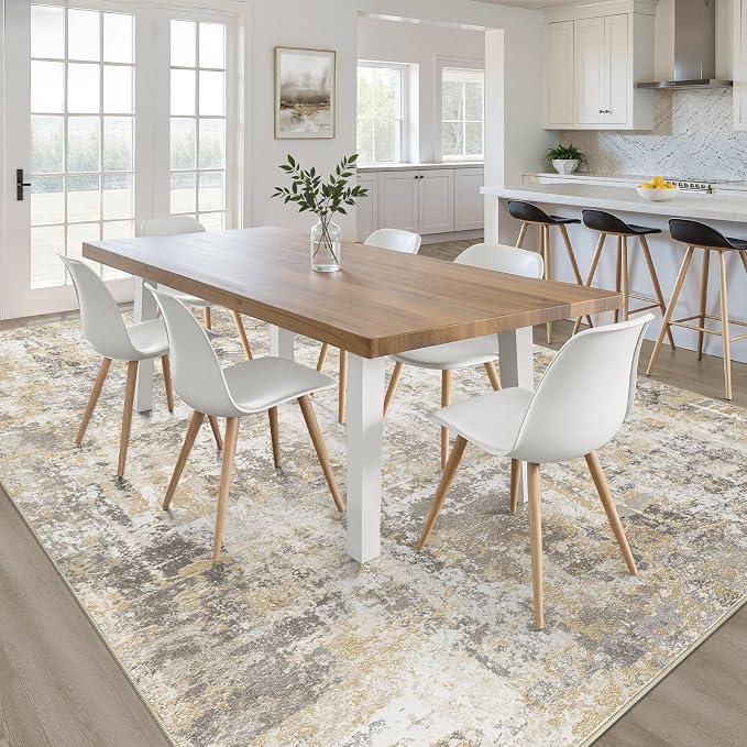 10x12 Area Rug Living Room: Washable Large Neutral Gray Gold Rugs Abstract Soft Modern Stain Resistant Indoor Floor Non-Slip Carpet for Bedroom Nursery Kids Office Playroom Dining Room Under Table