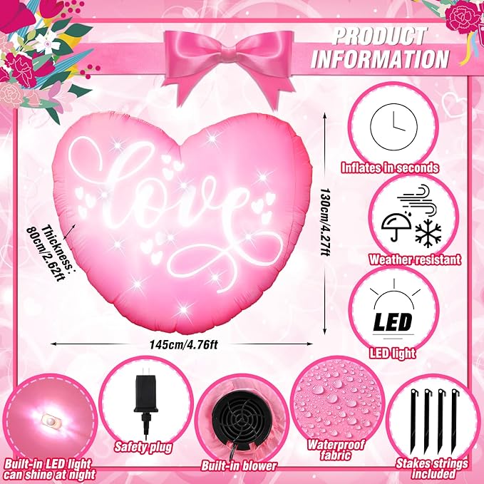 VIHOSE 3.9 Ft Mother's Day Inflatables Decoration Love Blow Up Decor Heart LED Lights Inflatable Decor for Outdoor Yard Garden Lawn Decoration Mom Gifts Party Supplies