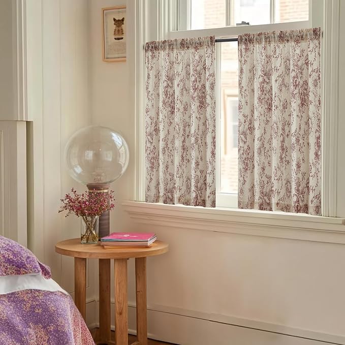 jinchan Floral Linen Tier Curtains Floral Brick Red on Beige Cafe Curtains 36 Inch Length Kitchen Living Room Bedroom Bathroom Farmhouse Rustic Country Rod Pocket 2 Panels