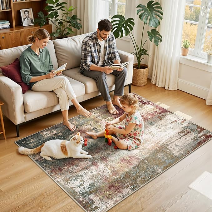 RELEANY Washable Area Rugs 4'x6' Non-Slip Modern Abstract Soft for Living Room Entryway Bedroom Kitchen, Print Pattern, Brown Rust Red Green Blue Multi