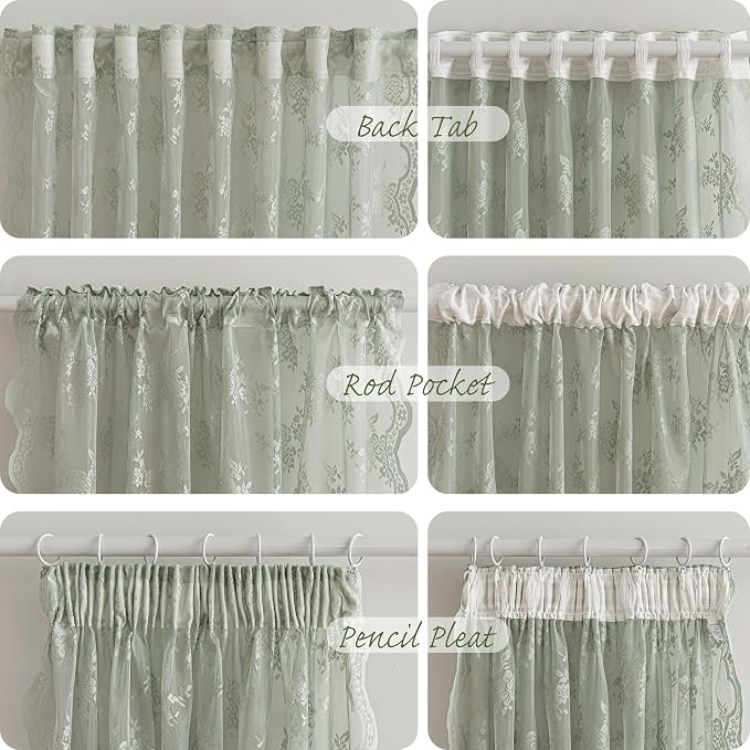 MEETSKY Boho Lace Curtains 54 Inch Length Vintage French Sheer Curtains for Small Windows Rod Pocket Transparent Light Filtering Drapes, 50" Wide Each Panel, Sage Green, 2 Panels Set