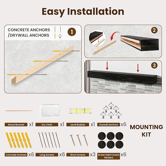 Acovy Floating Fireplace Mantel Shelves, 48x8x5 Inches Natural Wooden Floating Shelf for Over Fireplace, Wall-Mounted Mantel Shelf for Living Room and Home Decor, Black