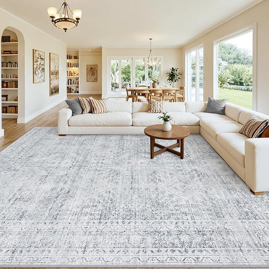 10x14 Area Rug for Living Room: Vintage Boho Neutral Washable Rug Indoor Soft Large Area Rug Carpet for Bedroom Nursery Farmhouse Dining Room Office Floor Non-Slip Low Pile Under Table Rug Gray