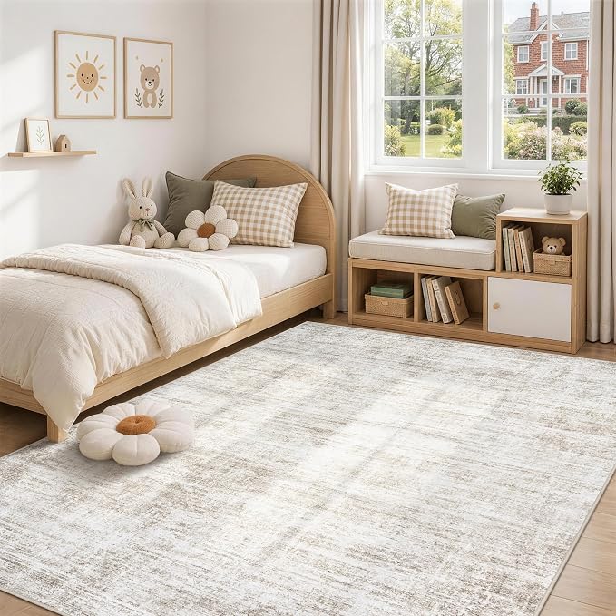 5x7 Area Rugs for Living Room Washable Rugs Neutral Abstract Large Rug Soft Modern Carpet Non-Slip Stain Resistant Low Pile Rug for Bedroom Dining Room Nursery Home Office Under Table Area Rug Brown