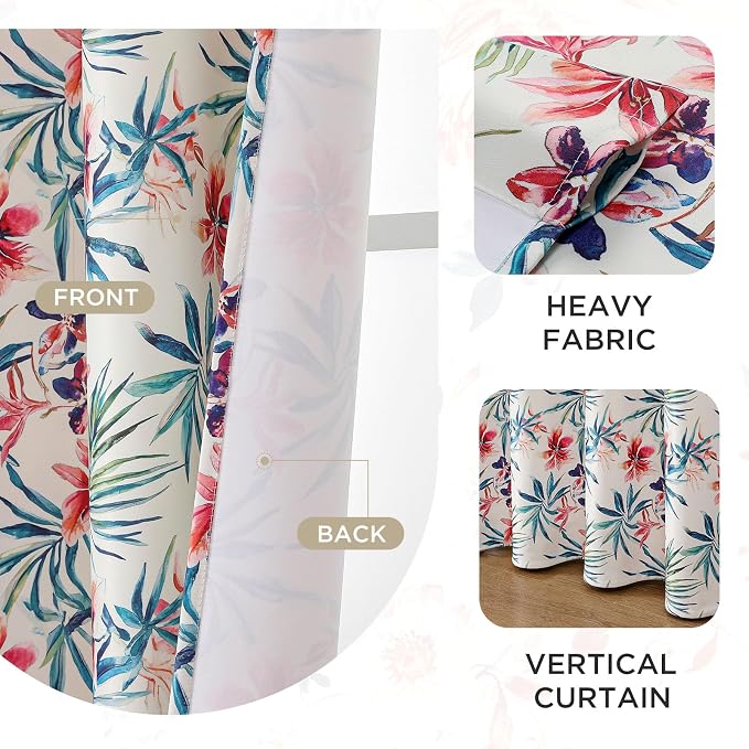 Joydeco Printed Curtains 84 inches Long,Pink Floral Blackout Curtains for Living Room 2 Panels,52 x 84 inch Rod Pocket Thermal Insulated Bohemian Drapes for Farmhouse,Bedroom,White