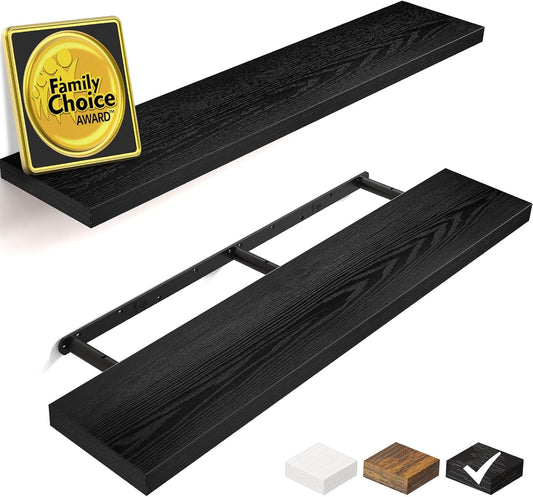 BAYKA Floating Shelves, 48 inches Long Heavy Duty Wall Mounted Rustic Wood Shelves for Bathroom, Bedroom, Living Room, Kitchen, Office, Hanging Shelf for Books/Storage/Decor(Black,Set of 2)