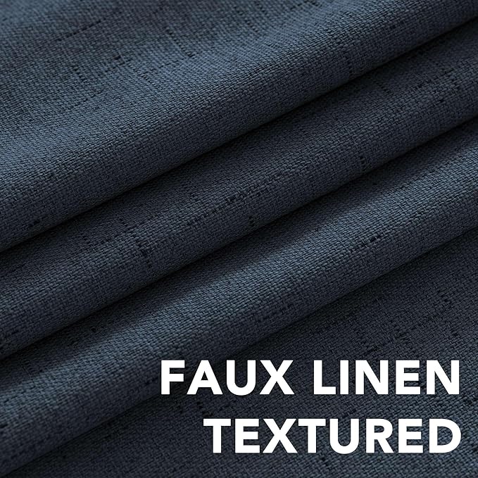 H.VERSAILTEX Linen Look 100% Blackout Curtains 45 Inches Long for Bedroom Full Light Blocking Rod Pocket Linen Textured Thick Window Curtain Drapes with White Backing, Navy, 2 Panels