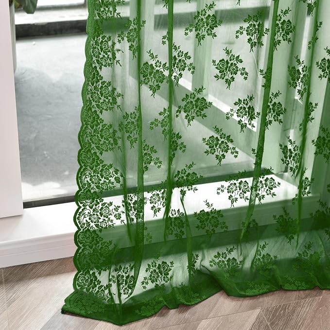 Dark Olive Green Sheer Curtains 90 Inches Long 2 Panels Set Country Floral Rustic Vintage Emerald Green Lace Curtains for Living Room Bedroom, Rod Pocket Privacy Forest Green Drapes, Each 52 x 90 Inch