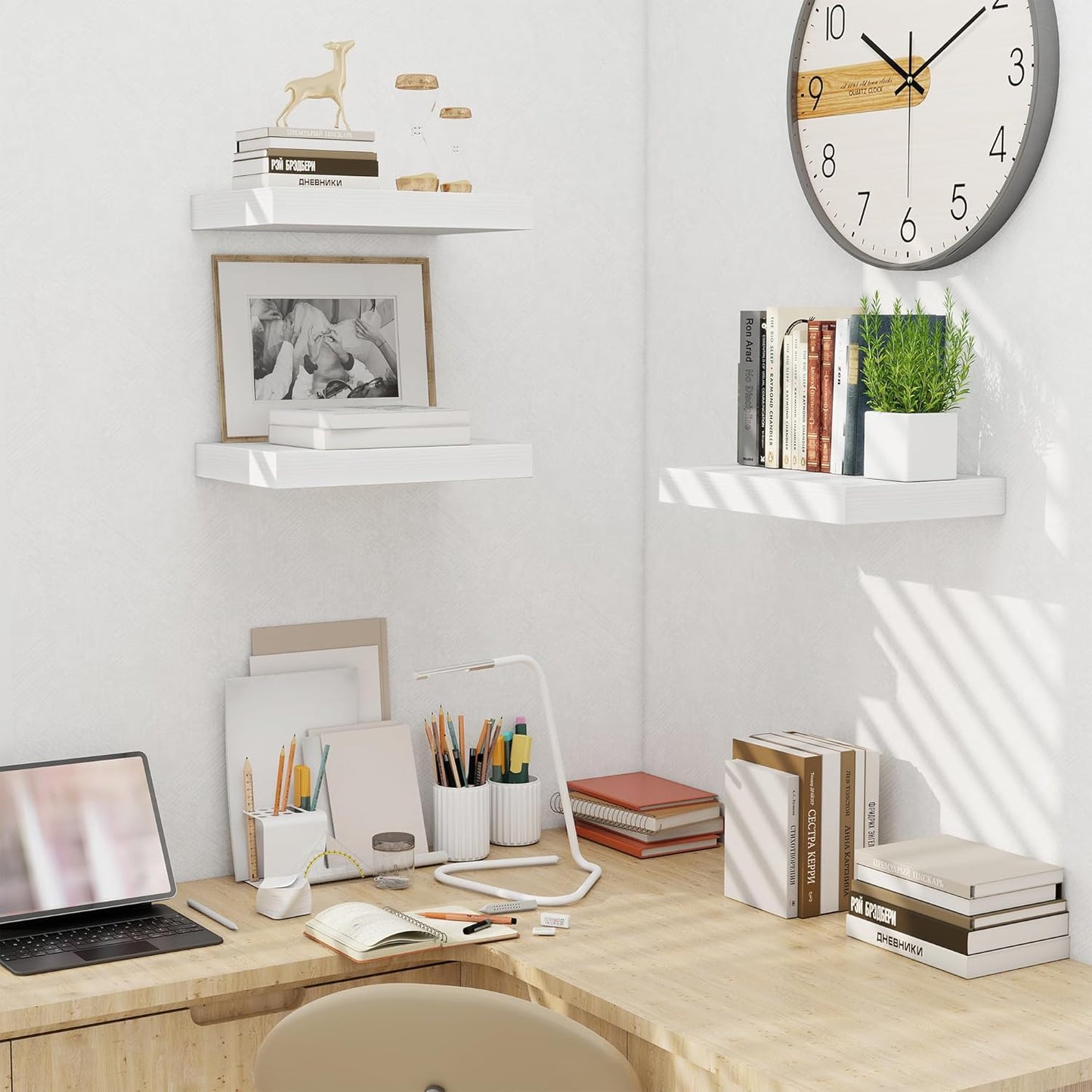 Fun Memories Wood Floating Shelves 16 Inch, 10 Inch Deep Shelves Wall Mount, Wall Shelves with Invisible Bracket, 16" Floating Shelves for Living Room Bathroom Bedroom, White, Set of 2