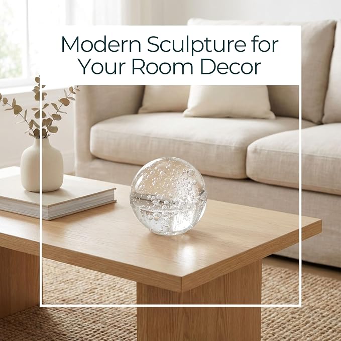 Glass Orb Ball Decorative Sphere – Paperweight Decorative Object for Desk, Shelf, or Tabletop, Living Room Placement, Bubble Design Home Decor Accent Adds Sculptural Interest – 4", Clear & Frost