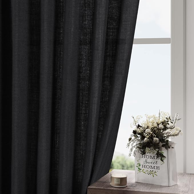 Black Linen Curtains 102 Inches Long for Living Room 2 Panel Set Back Tab Rod Pocket Semi Sheer Curtains Light Filtering Burlap Extra Long Drapes Neutral Farmhouse Decor for High Window 40x102