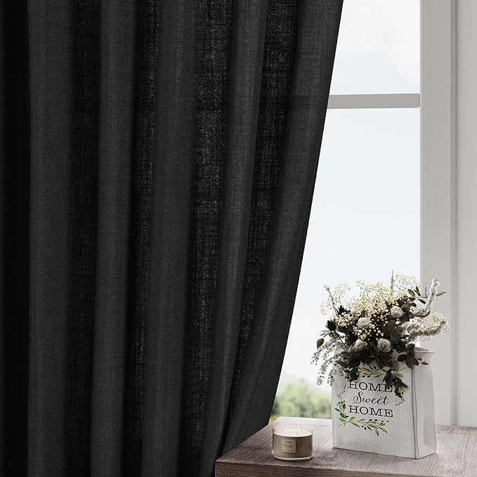 Nanspring Black Semi Sheer Linen Curtains 72 inch Length for Living Room Back Tab Rod Pocket Modern Farmhouse Coastal Decor Cotton Textured Gauze Curtains for Dining Room Office 52x72