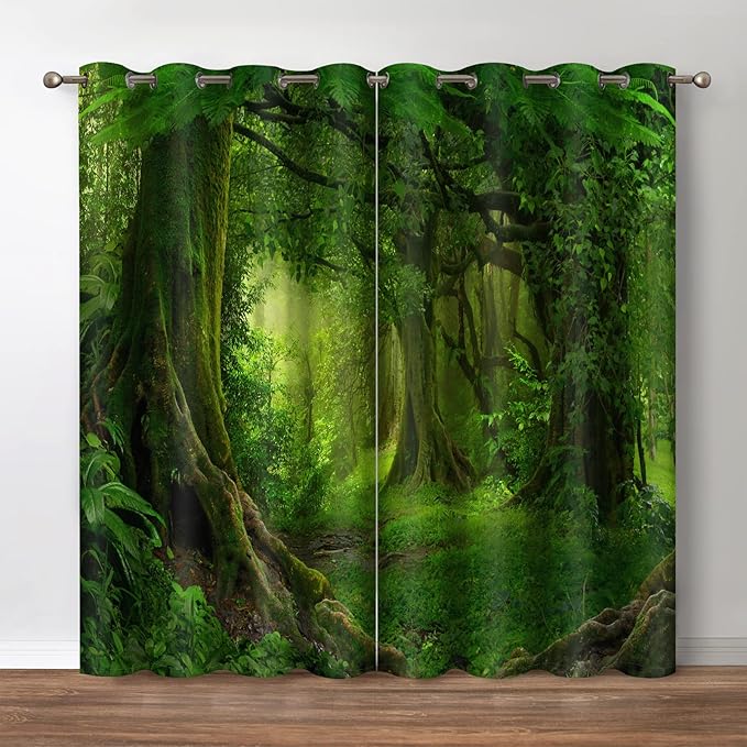 Jekeno Forest Blackout Curtains Tropical Rainforest Green Tree Jungle Woodland Nature Scenery Print Decor Home Bedroom Apartment Living Room Darkening Grommet Window Drapes 2 Panels Set,42x63 in