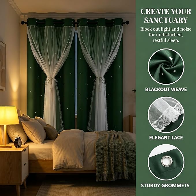 Christmas Decorative Star Curtains Double Layer Blackout Curtains with White Sheer Thermal Insulated Blackout Drape for Boy Girls Nursery 2 Pieces with Tiebacks Forest Green 52W x 72L