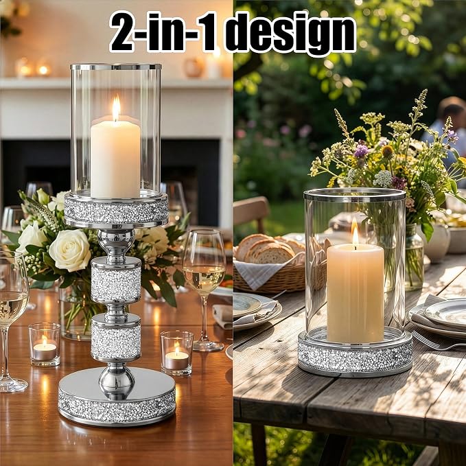 Hurricane Candle Holder, 15.9" Tall Metal Candle Stand, Glass Pillar Candle Holders Crystal Silver Decorative Centerpieces for Table, Wedding and Dining Room (Fits Candles up to 3"x5", 3pcs, S+M+L)