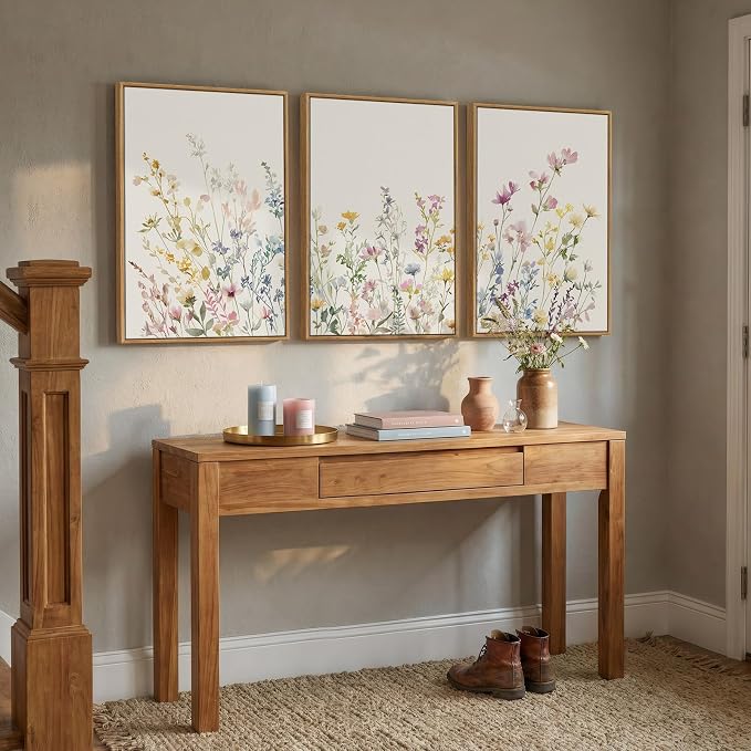 3 Piece Framed Watercolor Floral Canvas Wall Art for Bedroom, Large Botanical Wildflower Picture Prints Paintings, Pastel Farmhouse Flower Artwork Decor for Living Room Nursery Hallway 16x24 Inch