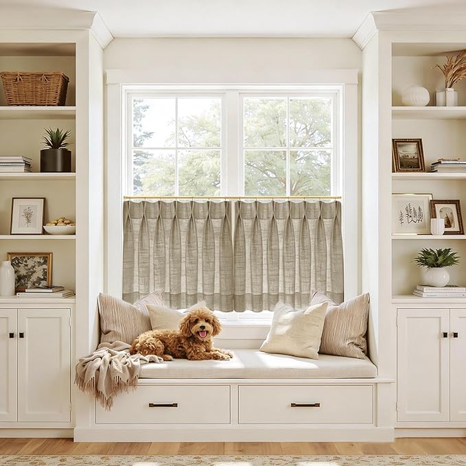 TWOPAGES 26" W x 36" L Linen Blend Cafe Curtains for Kitchen Window, Light Filtering Pinch Pleated Tier Curtains, Modern Farmhouse Half Window Curtains for Bathroom, Taupe Grey, 2 Panels