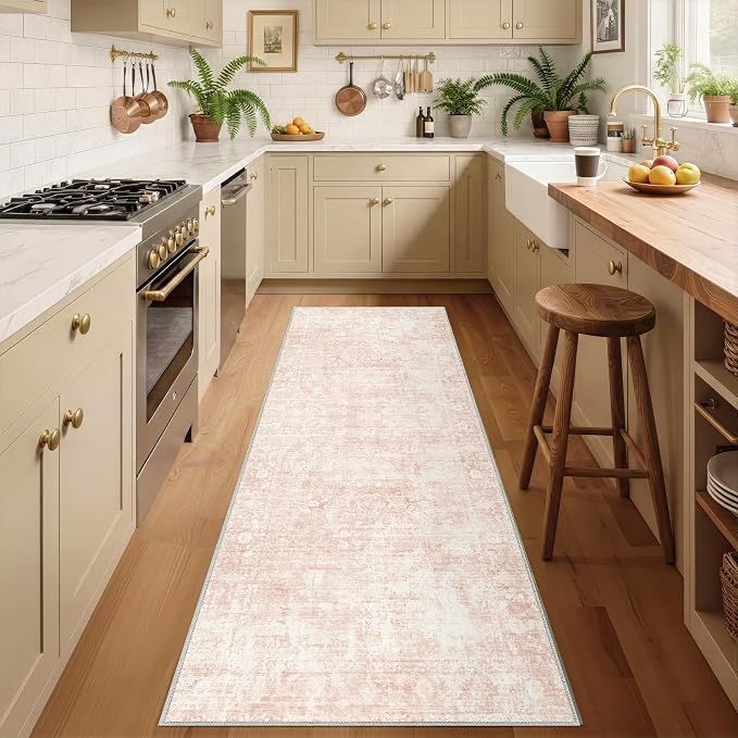 Homemate Washable Rug 2x6 Area Rugs - Vintage Faux Wool Rugs for Living Room Bedroom Dining Room - Non Slip Foldable Carpet Indoor Area Rug for Home Decor（2'x6', Pink