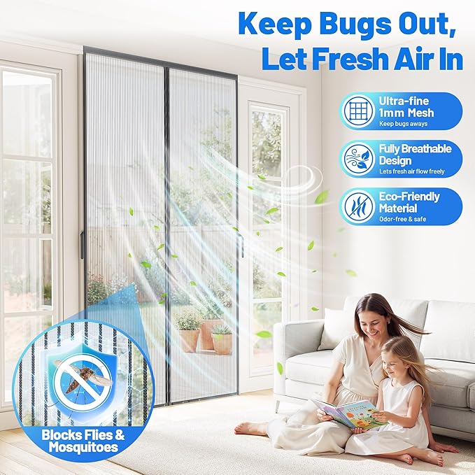 Heavy Duty Magnetic Screen Door Mesh - Auto-Sealing Hand-Free Door Net Screen with 50 Magnets, Pet & Kid Friendly, PET Fine Mesh Doors Screens Keep Bugs & Mosquitos Out Fits Front Doors Size 36” x 96”
