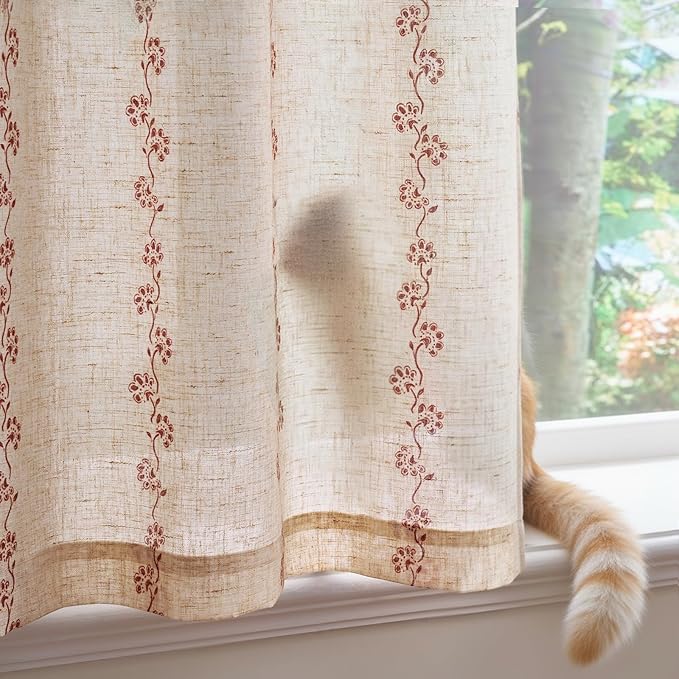 jinchan Katy Linen Floral Kitchen Curtains 30 Inches Length Stripe Cafe Curtains Farmhouse Cottagecore Tier Small Window Drapes for Living Room Light Filtering Rod Pocket 2 Panels Terracotta on Linen