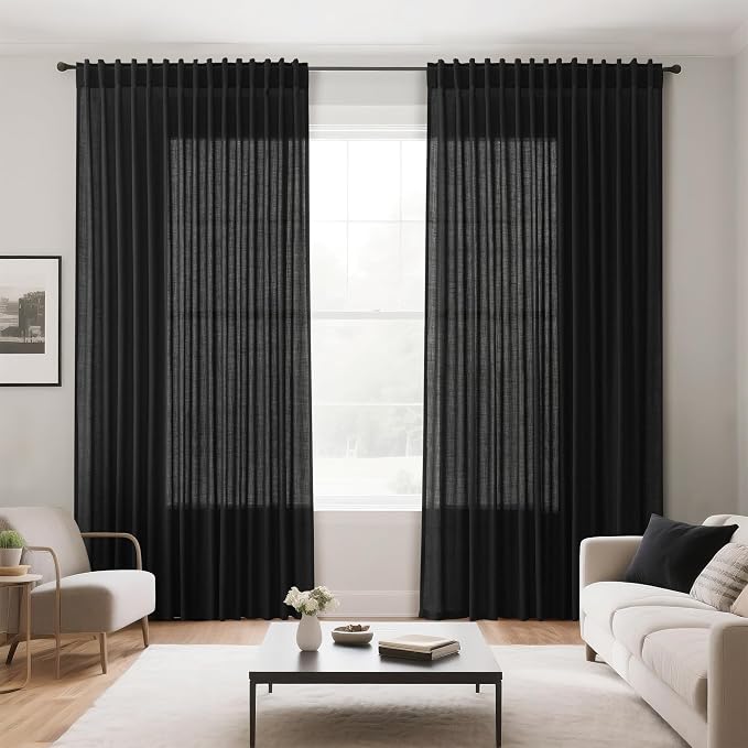 Nanspring Extra Wide 100x96 Inch Linen Curtains for Living Room Divider Light Filtering Semi Sheer Patio Curtains for Sliding Door Black Coastal Decor Sunroom Floor to Ceiling Window Curtain Panel