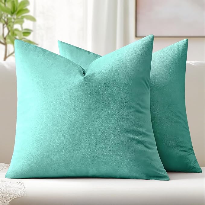 MIULEE 24x24 Inch Euro Sham Velvet Pillow Covers, Set of 2 Large Square Decorative Pillows -Aqua Green Super Soft for King Bed, Sofa, Couch, Accent Chairs with Hidden Zipper