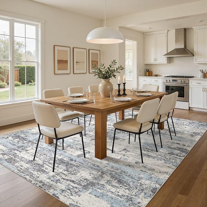 Area Rugs for Living Room: 8x11 Abstract Washable Rug Modern Neutral Large Soft Stain Resistant Non-Slip Backing Machine Table for Bedroom Dining Room Indoor Home Office Carpet - Blue Grey