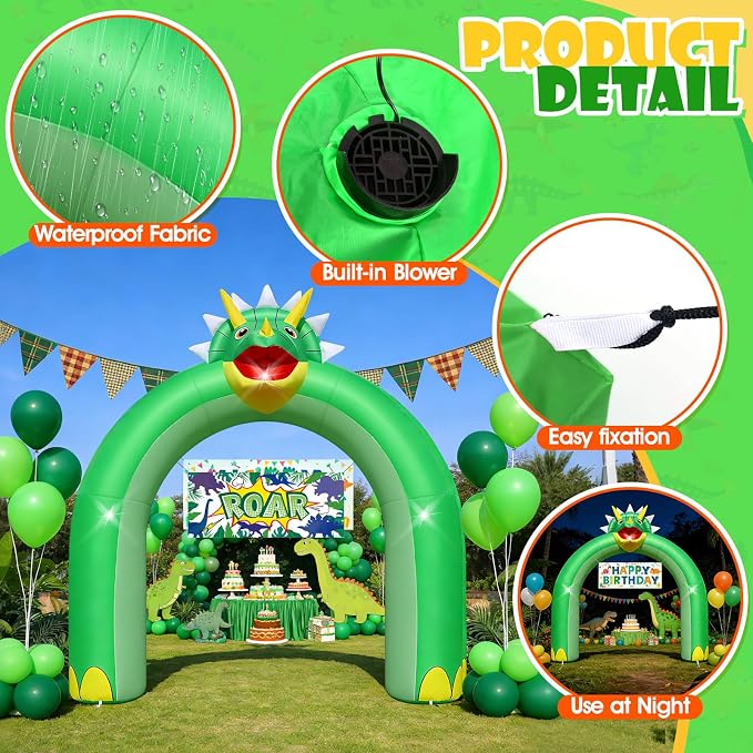 9.5FT Giant Triceratops Inflatable Arch - Dinosaur Birthday Party Decorations for Boys Kids, Dinosaur Day Jungle Theme Photo Backdrop with 1 Blower 2 Banners & 3 LED Lights, Outdoor Yard Blow-Up Decor
