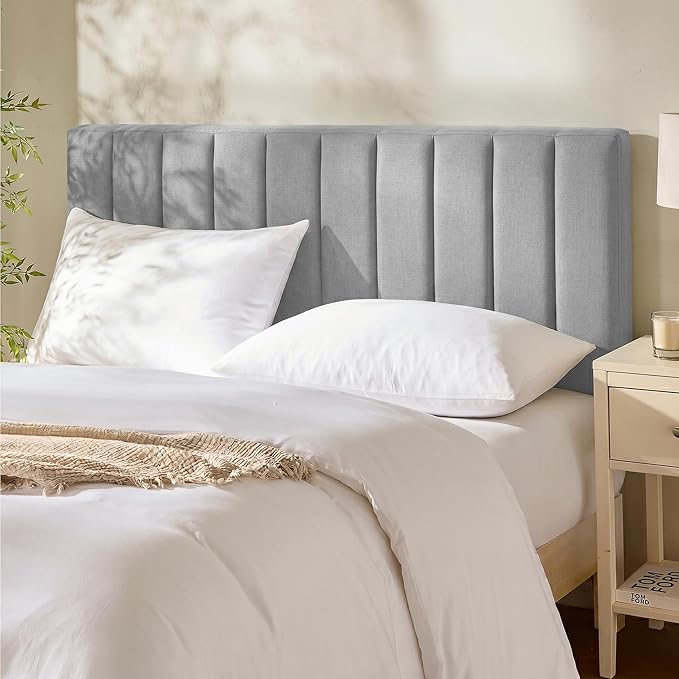 Hearth & Harbor Upholstered Queen Headboard - Easy Assemble Channel Stitched Headboard Queen Size - Wall Mounted Headboards with 3D Soundproof Wall Panels Peel & Stick Floating Headboards, Silver