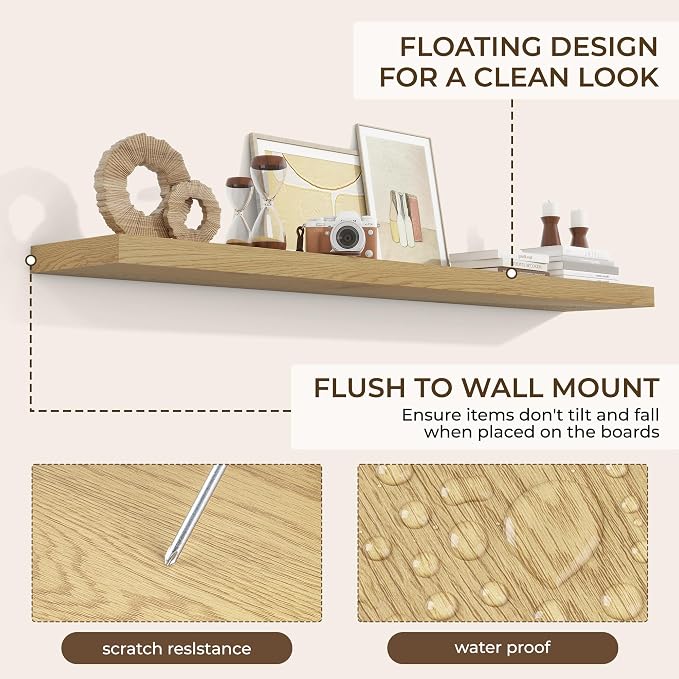 RICHFOCUS 72Inch Floating Shelves for Wall 2 Pack Shelves for Bedroom|Kitchen|Bathroom Wall Mounted Rustic Wood Floating Shelf with Invisible Brackets for Books|Storage|Decor, Oak