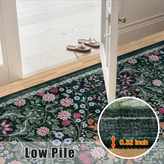 Area Rugs 9x12 Living Room: Floral Washable Rug Vintage Large Soft Boho Non-Slip Carpet Indoor Floor Stain Resistant Low Pile Carpets for Bedroom Dining Room Farmhouse Nursery Home Office Dark Green