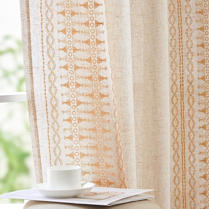 jinchan Boho Curtains Embroidered Linen Blend Window Curtains for Bedroom Geometry Grommet Bohemian Window Drapes Set for Living Room 63 Inches Long 2 Panels Gold on Beige