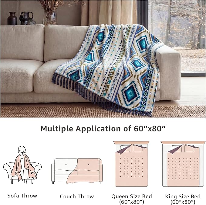 CASAAGUSTO Boho Throw Blanket for Couch - Farmhouse Throw Blanket with Tassel, Western Aztec Blanket, Printed Flannel Bohemian Blanket,Gifts for Women(50x60 Inches, Blue and White)