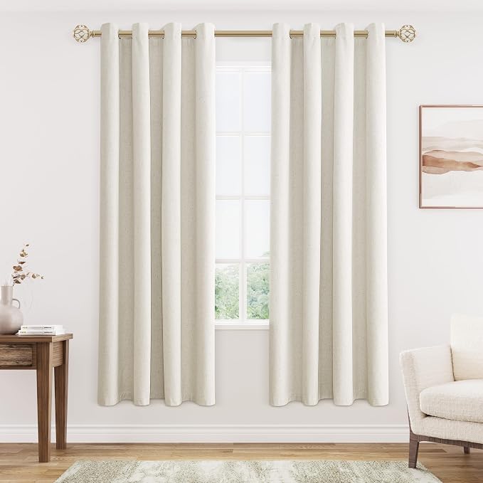 Jowels Cream Linen Blackout Curtains 72 Length 2 Panels Set for Living Room Bedroom, 100% Black Out Thermal Insulated Linen Drapes, Room Darkening Grommet Curtains 72 Inches Long Natural Beige