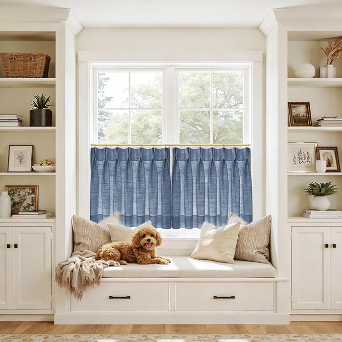 TWOPAGES 42" W x 45" L Linen Blend Cafe Curtains for Kitchen Window, Light Filtering Pinch Pleated Tier Curtains, Modern Farmhouse Half Window Curtains for Bathroom, Navy Blue, 2 Panels