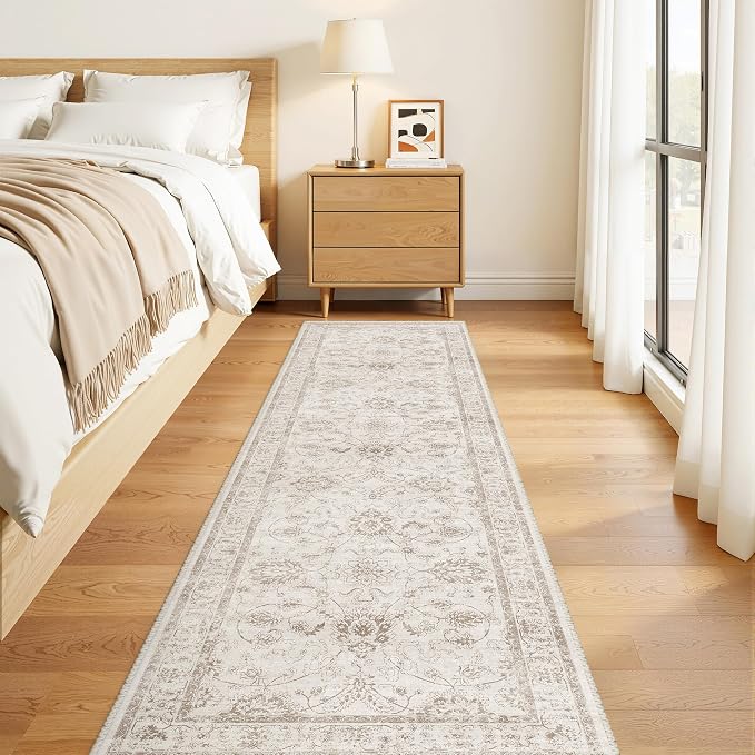 Madane Runner Rug 2x8 for Hallway, Kitchen Non-Slip Runner Rug with Rubber Backing, Vintage Soft Low Pile Throw Neutral Carpet Runner for Laundry Room Entryway Bathroom Bedroom (2 x 8, Brown/Ivory)