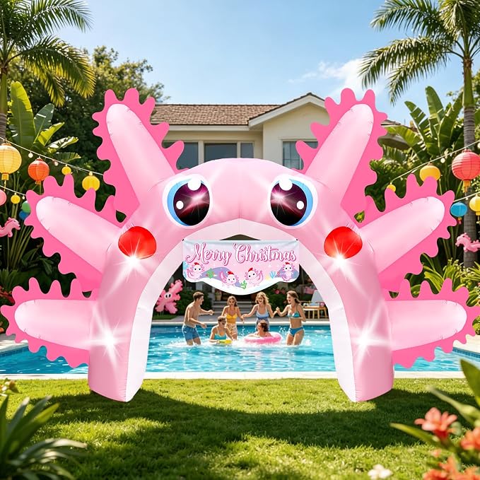 10x16FT Axolotl Inflatable Arch, Giant Pink Axolotl Birthday Party Backdrop Outdoor Yard Cartoon Archway Blow-Up Axolotl Decoration with 1Blower 3Banners for Summer Beach Pool Party Supplies