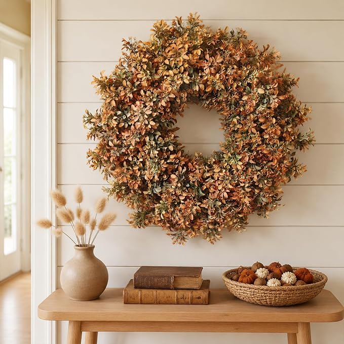 26" Artificial Fall Boxwood Wreath for Front Door Decor(Autumn Orange) | Large Wreath,Gradient Orange Leaves,Faux Aglaia Odorata Wreath,Window Wall Farmhouse Outdoor Decor for Harvest Thanksgiving