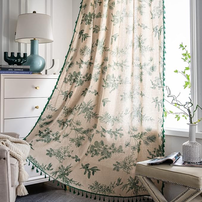 Sutuo Home Boho Curtain 96 Inches Length for Bedroom, Printed Cotton Linen Rod Pocket Semi Blackout Farmhouse Bohemian Tassels Window Treatment for Living Room, 1 Panel 59" W x 96" L, Green Forest