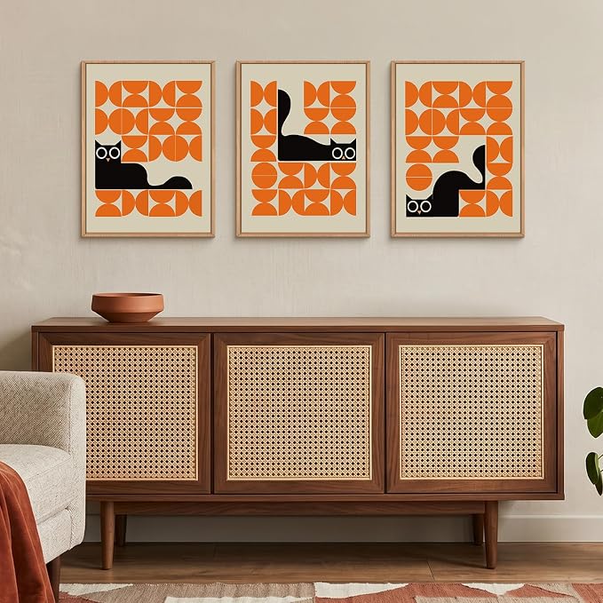 HOURIA Geometric Black Cat Framed Canvas Wall Art Set,Abstract Orange & Cream Wall Decor,Round Eyes Playful Kitten Wall Painting,Modern Animal Prints for Nursery,Living Room,Office - 12"x16"x3