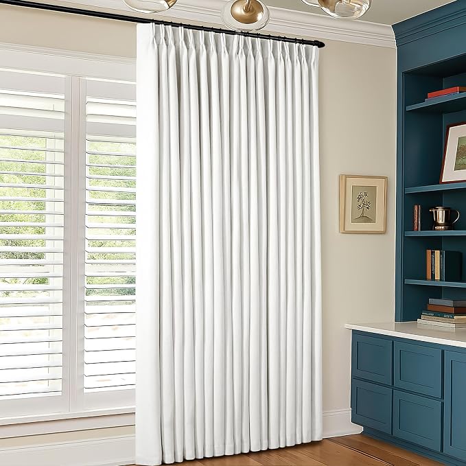 Blackout Linen Curtains 108 Inches Long 60 Inch Wide for Living Room Bedroom Pinch Pleated Back Tab Thermal Insulated 100% Black Out 2 Layer Window Drapes for Sliding Door Beige White 60x108 1 Panel