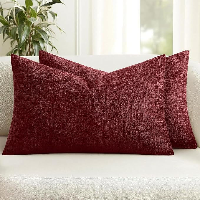 MIULEE Decorative Throw Pillow Covers 12x20 Pack of 2 Burgundy Couch Pillow Covers Soft Cozy Textured Chenille Pillowcases for Home Decor Sofa Living Room Cushion Bedroom
