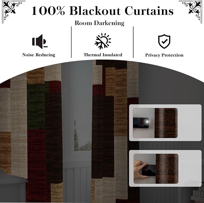 Tyrot Brown Red Vintage 100% Blackout Curtains for Bedroom 63 inch Length 2 Panels Set Modern Abstract Geometric Black Out Curtains Insulated Room Darkening Window Drapes for Living Room, 52Wx63L
