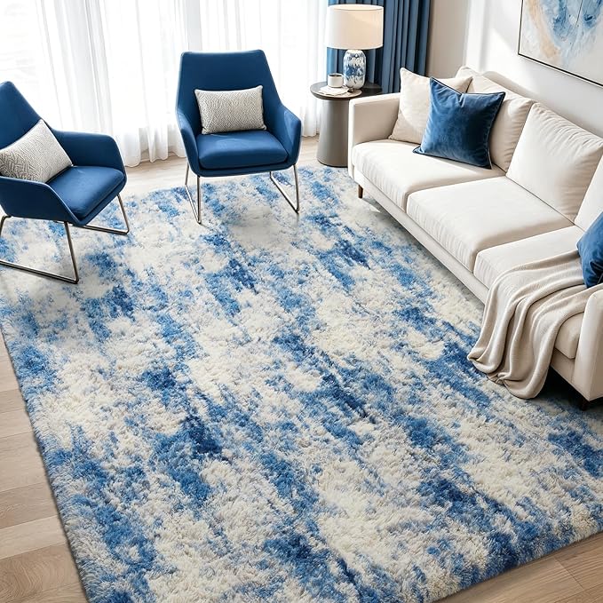 Ophanie Blue and Gray Area Rugs for Living Room 5x7,Navy Grey White Fluffy Shag Large Fuzzy Plush Soft Carpets,Floor Shaggy Rugs for Bedroom,Carpet Kids Boys Dorm Decor with Over 99 pcs Pile fibers